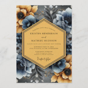 Invitación Boda Flor de Ocre Azul Pizarra