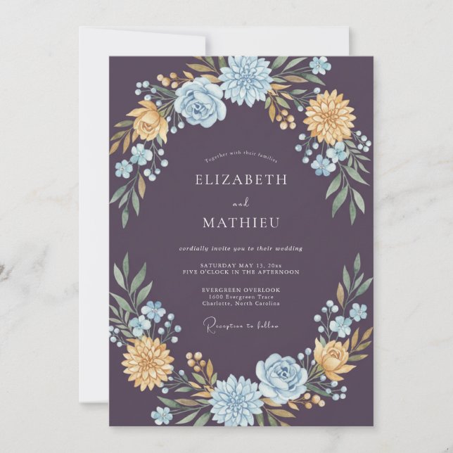Invitación Boda Flor de Oro Cálido Ciruela (Anverso)