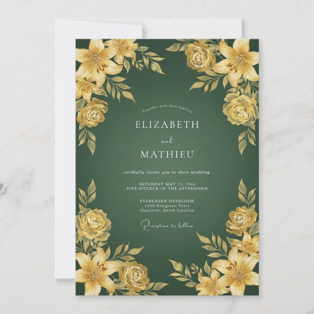 Invitación Boda Flor de Oro Esmeralda (Anverso)