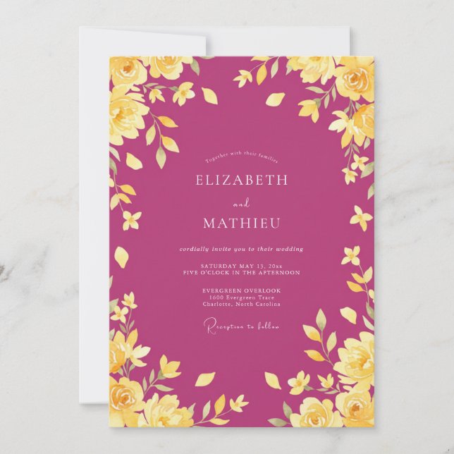Invitación Boda Flor de Oro Magenta (Anverso)