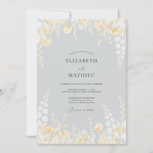 Invitación Boda Flor de Oro Pálido Plateado (Anverso)