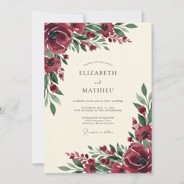 Invitación Boda Flor de Otoño Borgoña (Anverso)