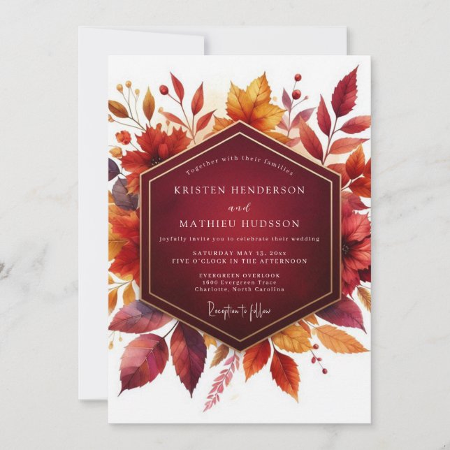 Invitación Boda Flor de Otoño Borgoña (Anverso)