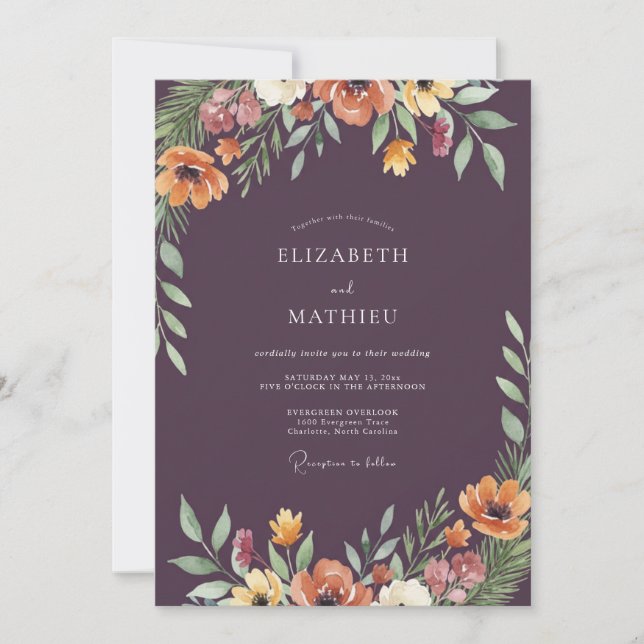 Invitación Boda Flor de Óxido de Ciruela (Anverso)