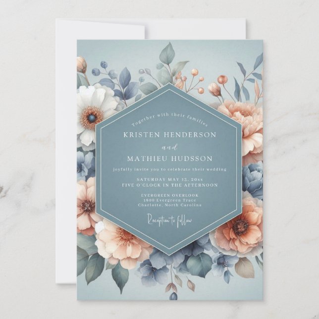 Invitación Boda Flor de Pasado Azul Pizarra (Anverso)