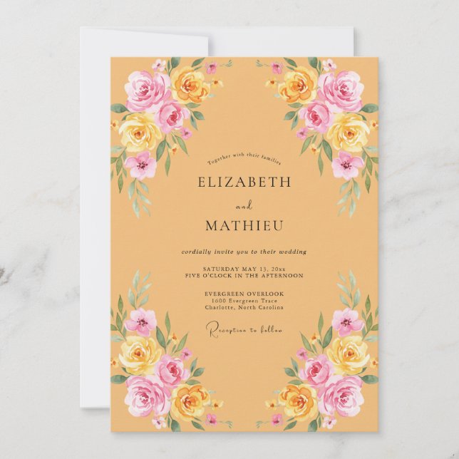 Invitación Boda Flor de Peonía Mostaza Prensada (Anverso)