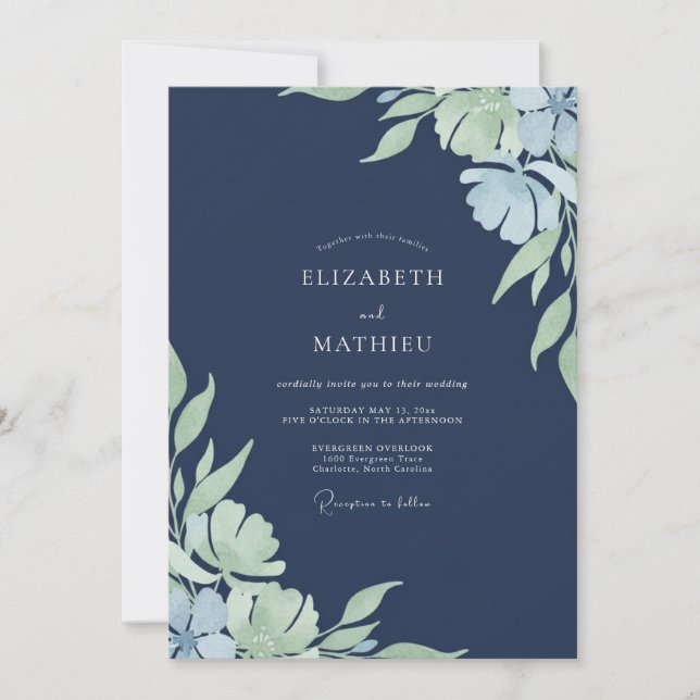 Invitación Boda Flor de Periwinkle a Medianoche (Anverso)