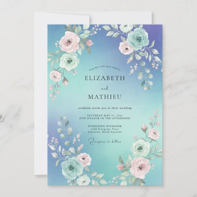 Invitación Boda Flor de Periwinkle Acuático (Anverso)