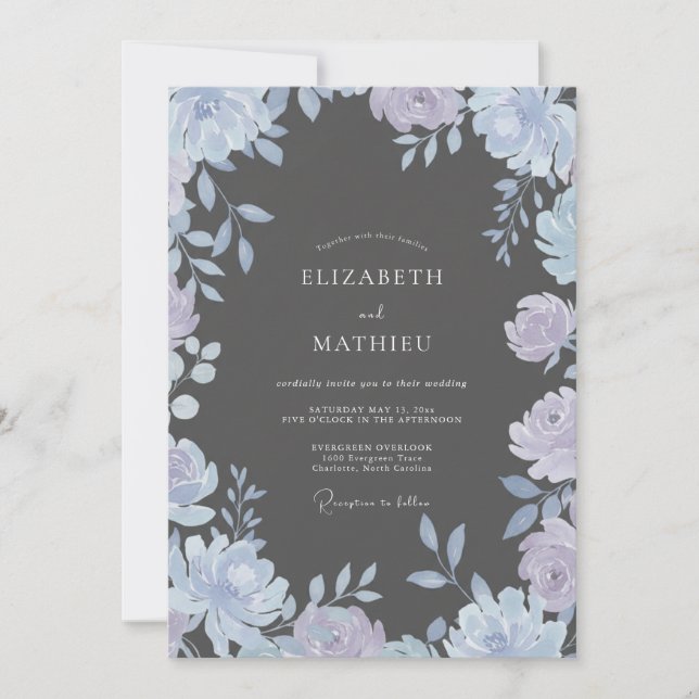 Invitación Boda Flor de Periwinkle Carbón (Anverso)