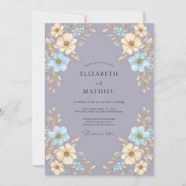 Invitación Boda Flor de Periwinkle Champagne (Anverso)