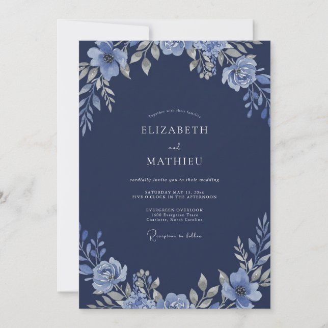 Invitación Boda Flor de Periwinkle de Acero (Anverso)