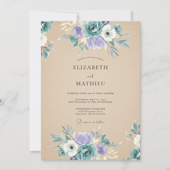 Invitación Boda Flor de Periwinkle de Champán Antiguo (Anverso)