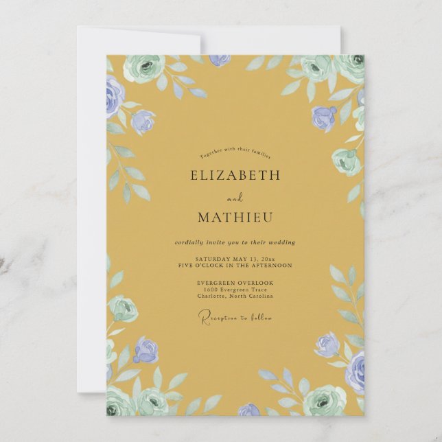 Invitación Boda Flor de Periwinkle Mostaza (Anverso)