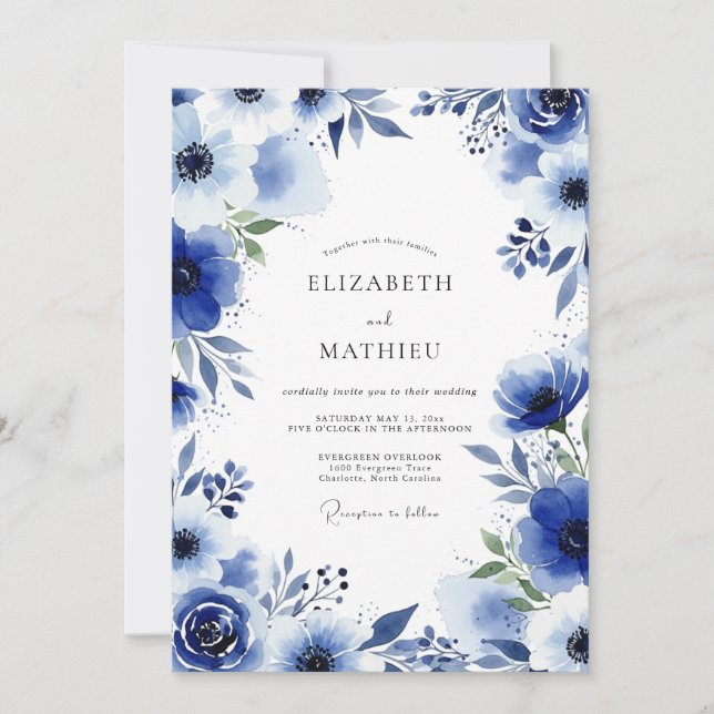 Invitación Boda Flor de Pincelada Azul Real (Anverso)