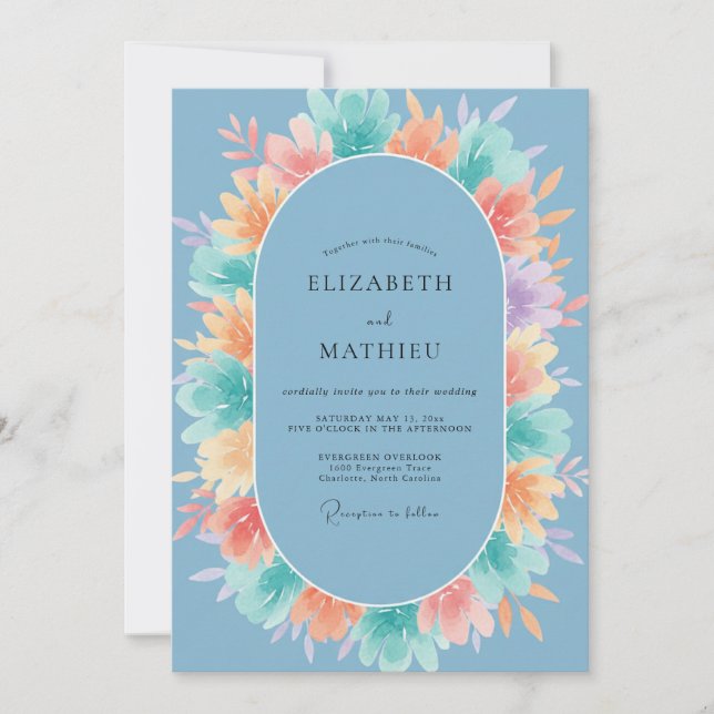 Invitación Boda Flor de Pintura Azul (Anverso)