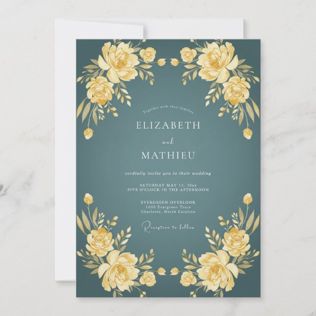 Invitación Boda Flor de Pintura Azul Teal (Anverso)