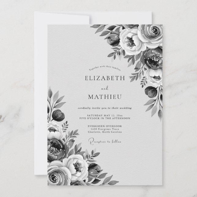 Invitación Boda Flor de Pintura Gris (Anverso)