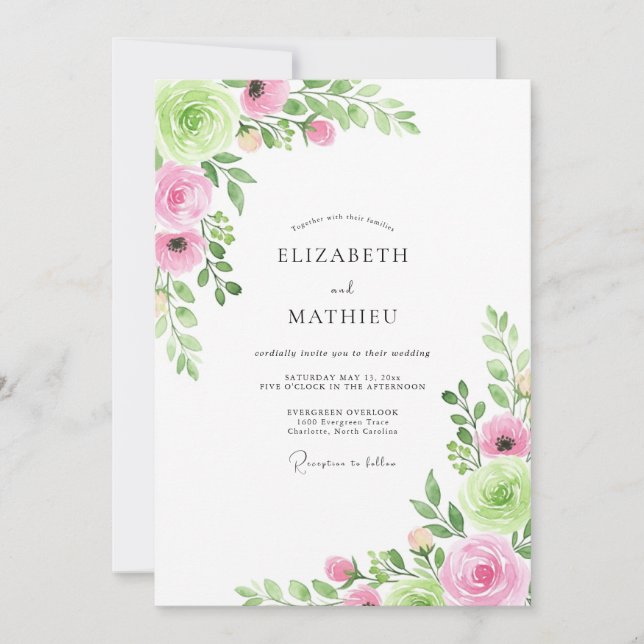 Invitación Boda Flor de Pintura Rosa Verde (Anverso)