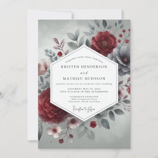Invitación Boda Flor de Pizarra Carmesí (Anverso)