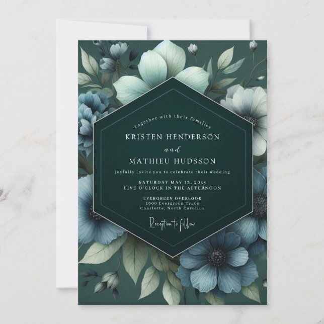 Invitación Boda Flor de Pizarra Esmeralda (Anverso)