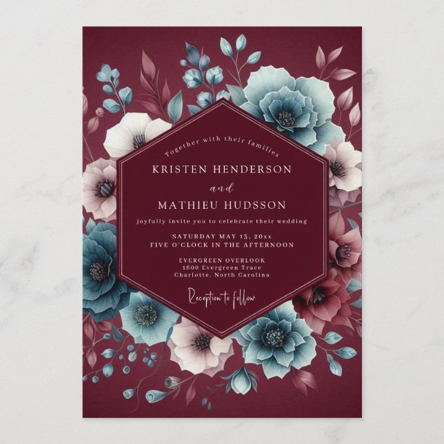 Invitación Boda Flor de Pizarra Granate Moody (Anverso)