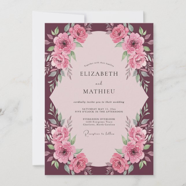 Invitación Boda Flor de Polvo Ciruela Rosa (Anverso)