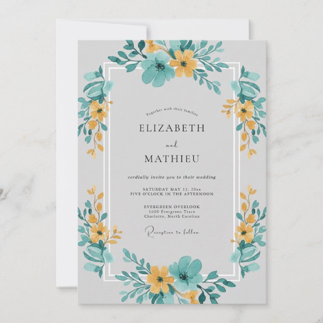 Invitación Boda Flor de Pradera Amarillo Turquesa (Anverso)