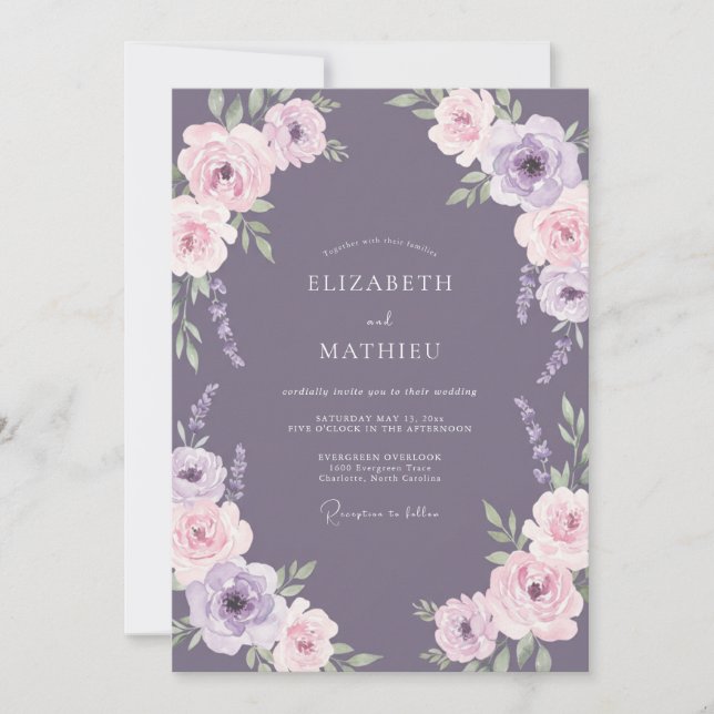 Invitación Boda Flor de Púrpura Polvorienta (Anverso)