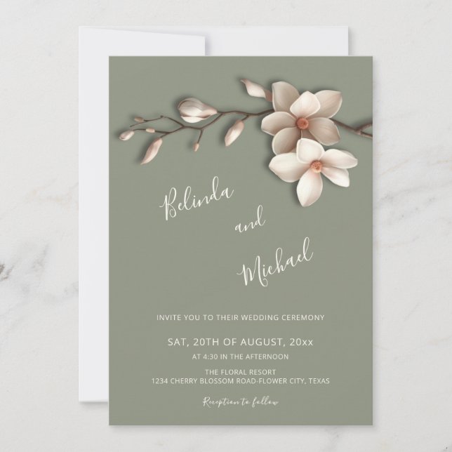 Invitación Boda Flor de relieve falso de magnolia blanca (Anverso)