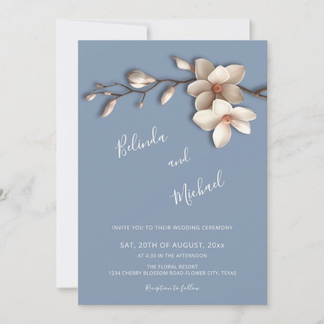 Invitación Boda Flor de Relieve Falso Magnolia Blanco Extinto (Anverso)