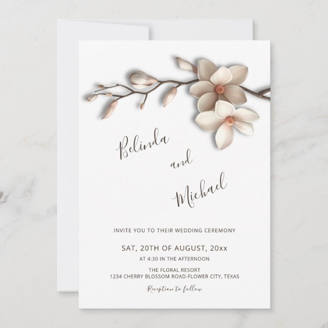 Invitación Boda Flor de Relieve Falso Magnolia Blanco Extinto (Anverso)