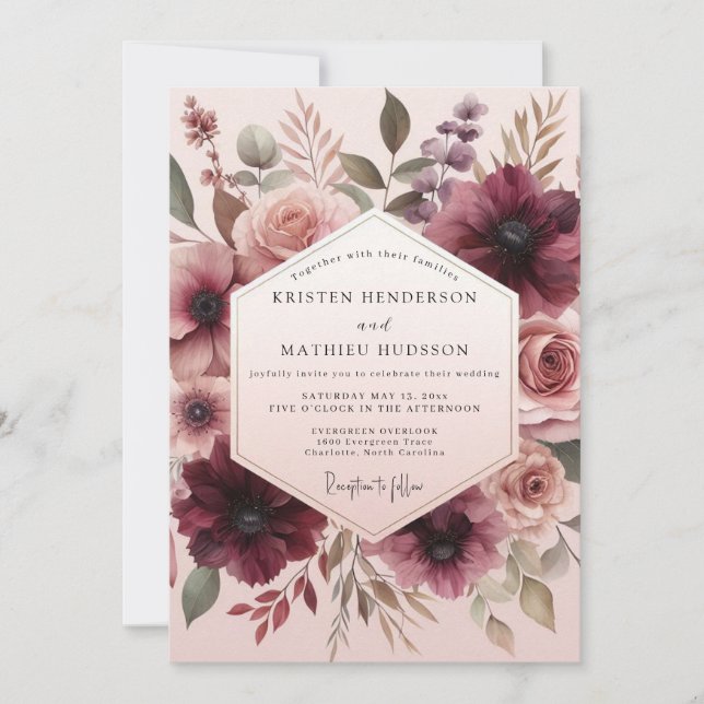 Invitación Boda Flor de Rosa Borgoña (Anverso)