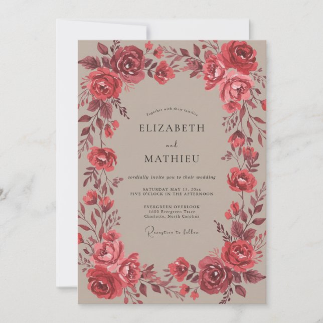Invitación Boda Flor de Rosa Cálida Carmesí (Anverso)