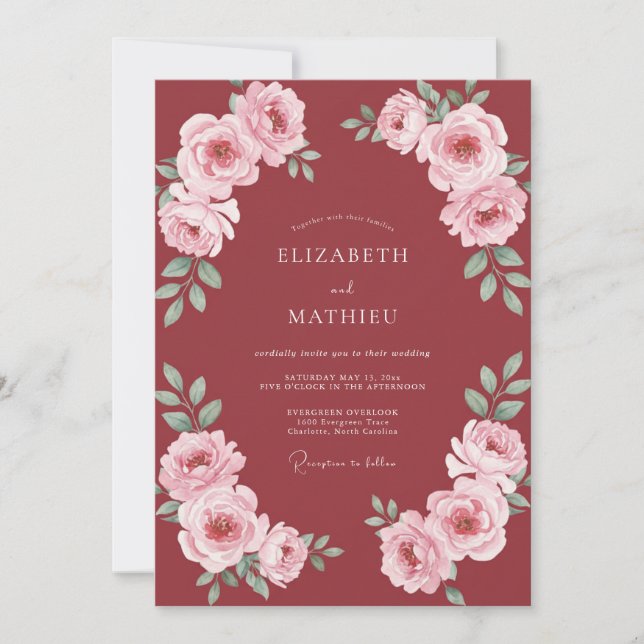 Invitación Boda Flor de Rosa Carmesí (Anverso)