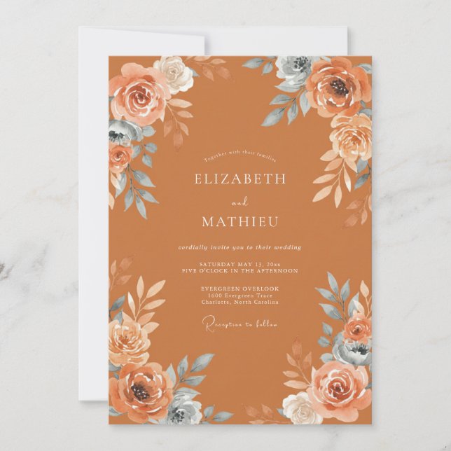 Invitación Boda Flor de Rosa de Terracota (Anverso)