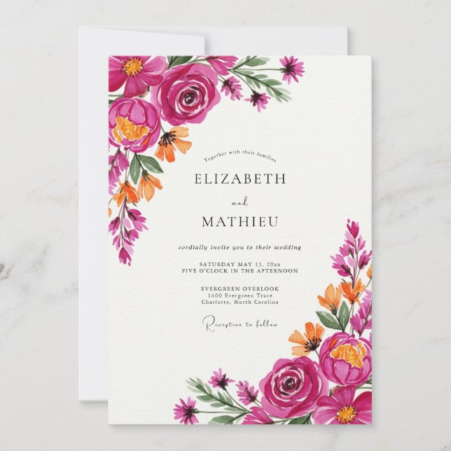 Invitación Boda Flor de Rosa Magenta (Anverso)