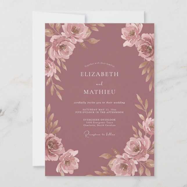 Invitación Boda Flor de Rosa Polvorienta (Anverso)