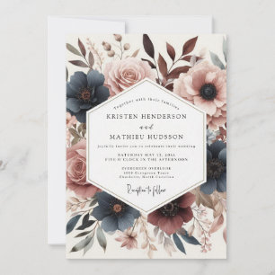 Invitación Boda Flor de Rosa Polvorienta Azul Teal Profundo