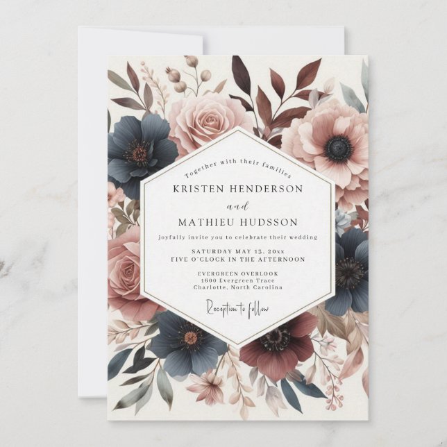 Invitación Boda Flor de Rosa Polvorienta Azul Teal Profundo (Anverso)