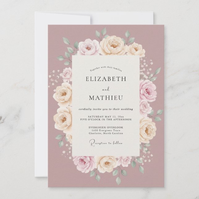 Invitación Boda Flor de Rosa Polvorienta Etérea (Anverso)