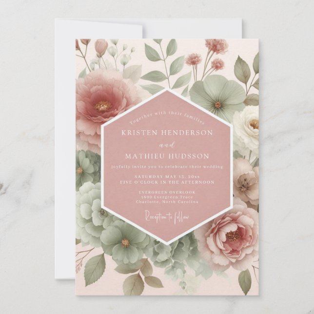 Invitación Boda Flor de Rosa Polvorienta Pintada (Anverso)
