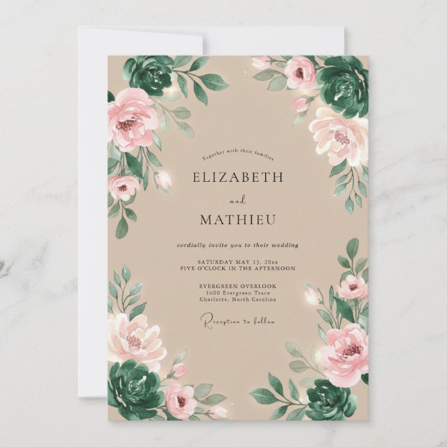 Invitación Boda Flor de Rosa Polvorienta Verde (Anverso)