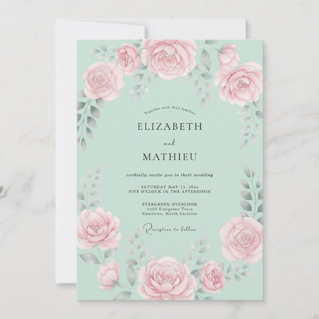 Invitación Boda Flor de Rosa Rosa Menta (Anverso)