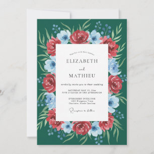Invitación Boda Flor de Rosa Verde Profundo