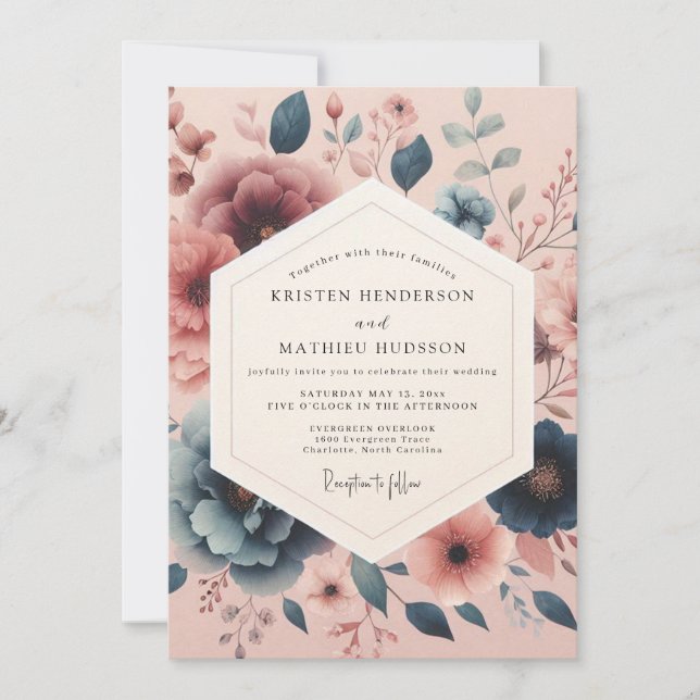 Invitación Boda Flor de Rubor Azul Pizarra (Anverso)