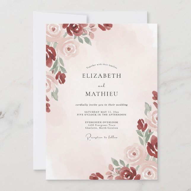 Invitación Boda Flor de Rubor Carmesí (Anverso)