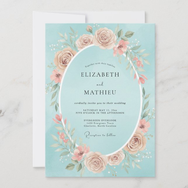 Invitación Boda Flor de Rubor Cian (Anverso)