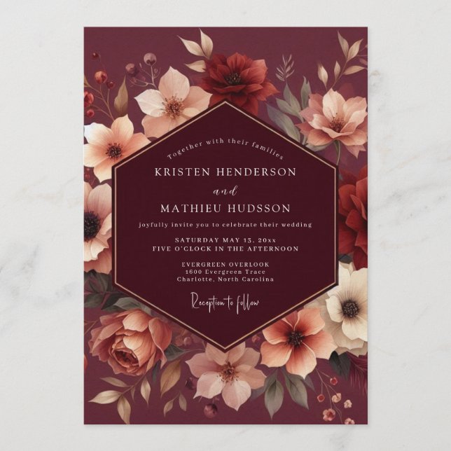 Invitación Boda Flor de Russet Granate (Anverso)