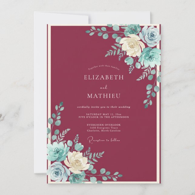 Invitación Boda Flor de Serenidad Borgoña (Anverso)