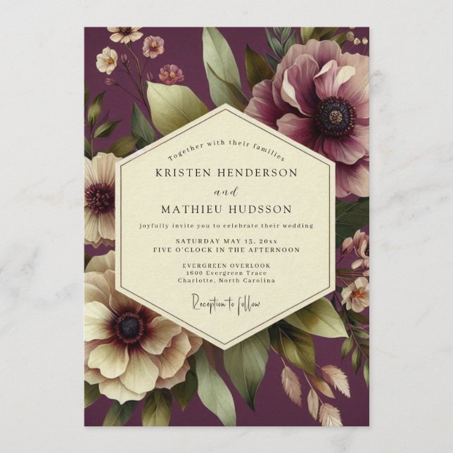 Invitación Boda Flor de Soberanía de Berenjena (Anverso)
